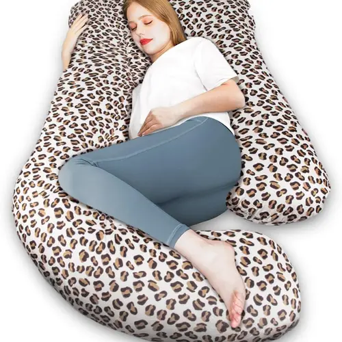 CHILLING HOME Maternity J-Shape Pregnancy Pillow, 63in Body Pillow for Pregnant Women with Velvet Removable Cover, Leopard Print, Double Zips, U-Shape Form