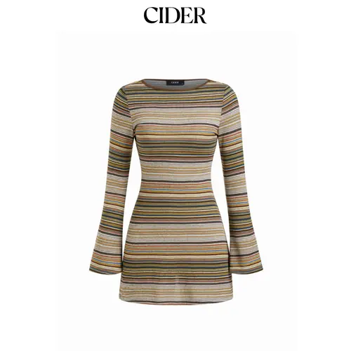 Cider Jersey Boat Neck Striped Bell Sleeve Flared Mini Dress