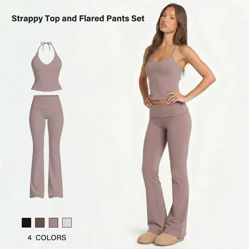 Women's 2 Piece Workout Sets, Halter Backless Bodysuit and High Waisted Bell Bottom Pants, Lightweight Nude-Feel Slimming Gym Outfit, Gym Outfits, Women's Clothes
