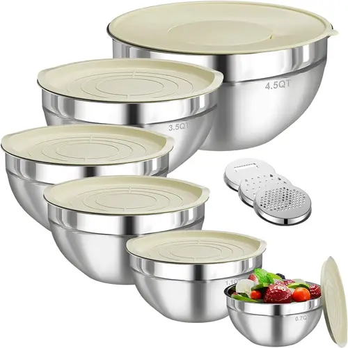 Classic Round 6-Piece Multicolor Stainless Steel Nesting Mixing Bowls Set with Lids, 3 Grater Attachments, 4.5/3.5/2.1/1.5/1.1/0.7QT, Ergonomic, Dishwasher Safe, Space-Saving Kitchen Supplies for Food Prep, Multi-Size