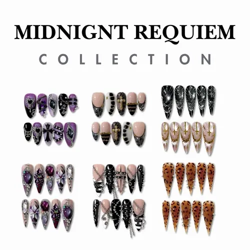 NailPhoria MIDNIGHT REQUIEM Collection - Handmade Press-On Nails | Reusable, Salon-Quality, Long-Lasting, Glossy Design