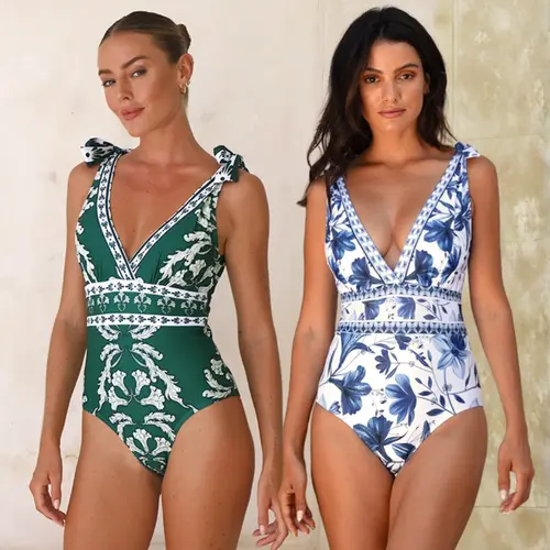 FLAXMAKER Women's V Neck Printed One Piece Swimsuit and Matching Cover Skirt Set Swimdress Tummy Control Bathing Suit Stylish Beachwear #Summervibes outdoorfun #SwimWeek
