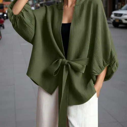 Women's Casual Cardigan Jacket, Bow Tie Front Lantern Sleeves Design, 3/4 Sleeve Fitted H-Type, Perfect for Daily Commute and Travel, Minimalist