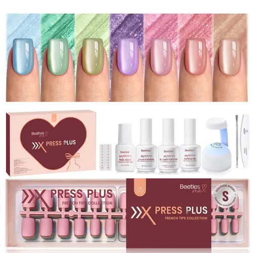 Beetles X Press Gel Nail Tips - Fizz Aurora-S-Squoval, 7-Color Spring Cat Eye Fake Nails Extensions, 224Pcs 16-Size Custom Fit Set for Women, DIY Home Kit, Decorated Gift for Outdoor Fun