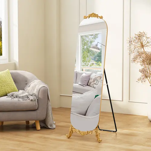HLR Vintage Luxury Gold Floor Full Body Mirror, Exquisite Wrought Iron Carvings, HD Silver Anti-Sputtering Glass, Sturdy Triangular Metal Stand, Easy-Clean Aesthetic Home Decor Mirror for Living Room, Bedroom