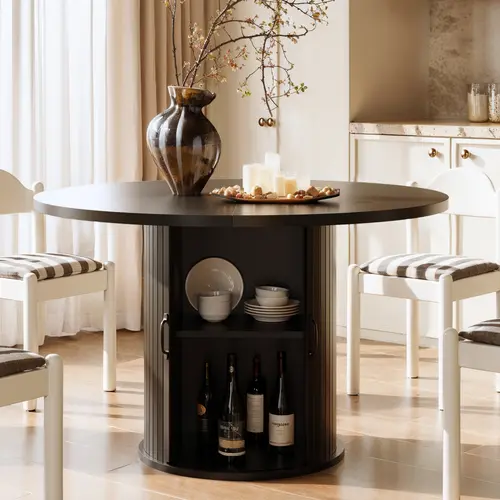 47" Round Wood Storage Dining Table - Modern Fluted Curved Design, 2-Layer Sliding Door Storage, Rustic Indoor Kitchen Furniture, Modern Farmhouse Tables for 4, 2-Tier Casual Pieces for Farmhouse Dinners