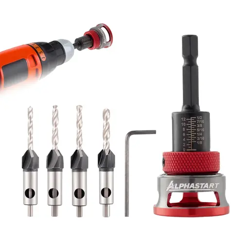 ALPHASTART 4PCS HCS Smooth Countersink Drill Bit Set - 4-Blade M2 HSS Steel, Adjustable Depth Stop, L-Shape Wrench, Precision Drilling Power Tool Accessories for Wood, Plastic Drilling Projects