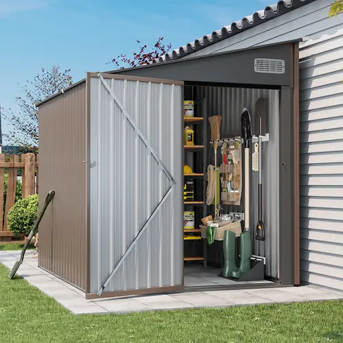 Aoxun 6x4/8x6 FT Steel Metal Lean To Storage Shed, Brown Waterproof Galvanized Unit with Lockable Single Door, Ventilated Roof, All Weather for Backyard Bike & Garden Tools (Patio Use Compatible)