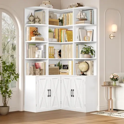 FOTOSOK 74" Tall Corner Bookshelf, Bookshelf with Doors, Corner Bookcase Farmhouse Book Shelf Storage Cabinet for Home Office Bookshelf Corner Bookshelf Organizer,  Multi Layer Bookshelf