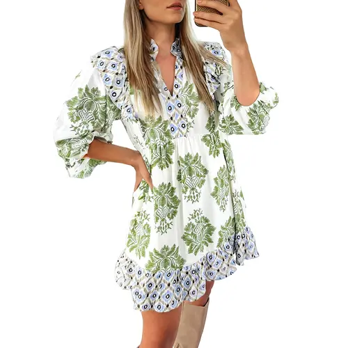 Asvivid Women's Mini Dress, Lightweight Bohemian Floral Print Summer Casual Wear with Chic Ruffle Detail and Contrast Patchwork, Stylish Women's Wear, Boho Clothes For Women
