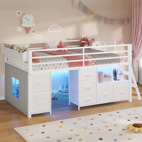 Sikaic Twin Low Loft Bed with 7 Storage Drawers, Bookcase & LED Lights, Metal Loft Bed with 14" High Safety Guardrail, Inclined Ladder and Play Curtain, Twin Bed Frame with Under-Bed Play Area, White, Home Furniture Christmas Gifts [SohoChic]