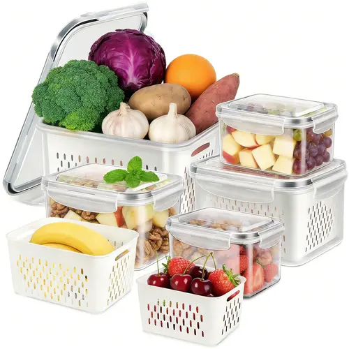6/8/10/12/16 Pcs Large Airtight Food Storage Containers with Lids & Colanders, Stackable Fridge Organization Bins for Pantry Cabinet Organization, Produce Saver Kitchen Utensils for Fruits Vegetables