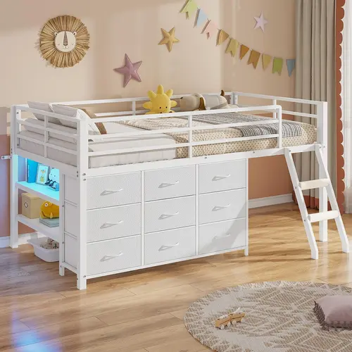 Sikaic Twin Loft Bed, Low Loft Bed Twin Size with 9 Drawers Storage Dresser, LED Lights, 2 Storage Shelves & Stairs, Metal Bed Frame with Safety Guardrail, Space-Saving Design, White, Home Furniture Christmas Gifts [SohoChic]