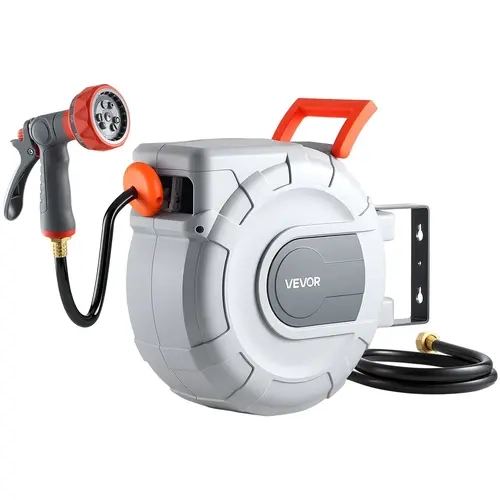 【toolupgrade】VEVOR Wall Mount Retractable Garden Hose Reel, 1/2 in x 50ft 3-Layer PVC Hose, Freeze-Resistant PP Housing, 200 PSI Tested, 9-Function Sprayer Nozzle, 180° Swivel Bracket, Any Length Lock, Automatic Slow Rewind, for Outdoor Garden Watering
