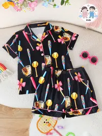 Girls' Cartoon Pattern Collared Pajama Set, Short Sleeve Button-Front Top and Shorts with Bow Pattern, Summer Pjs Casual Sleepwear, Cartoon Print Pajama, Cartoon Pattern Pajamas