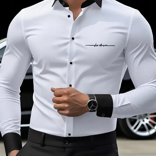 Men's Colorblock-Collar Long-Sleeve Business Shirt, Collared Casual Fitted Plain Design for All-Season Wear, No CA Prop 65 Warning