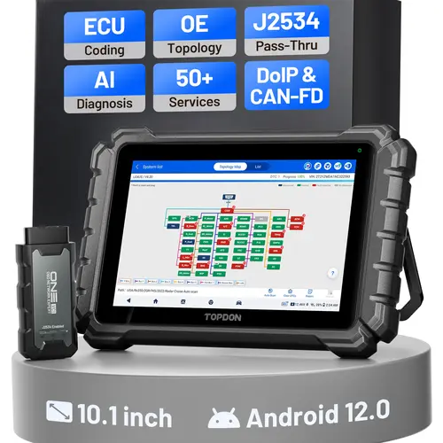 TOPDON ONE 10.1" Bidirectional J2534 Pass-Thru, ECU Coding Full System Scan, 50+ Services TopFix AI, OE Topology Automotive Scan Tool OBD2 Scanner