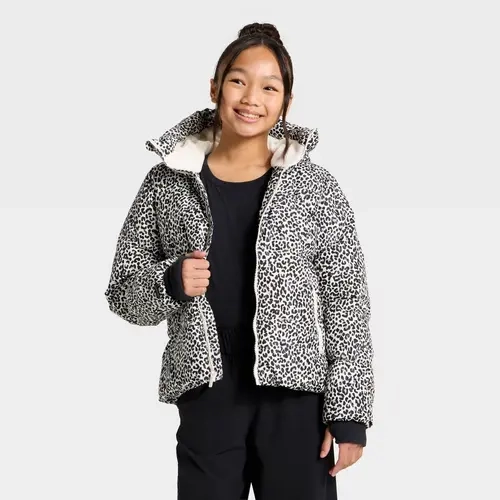 All In Motion Girls' Leopard Print Zip Puffer Jacket - Water-Resistant, Hooded Coat, S