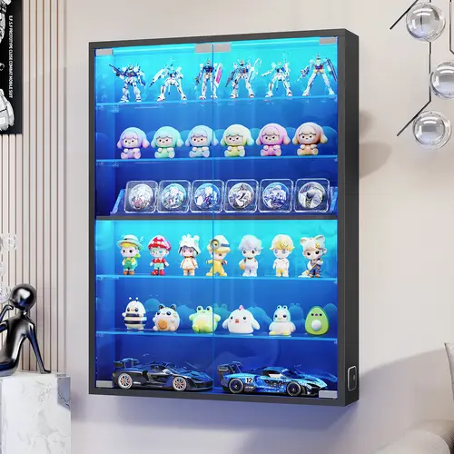 MIIFUNY 6-Tier Wall Display Case with Glass Doors, LED Display Cabinet with Adjustable Glass Shelves, Display Case for Collectibles, Black