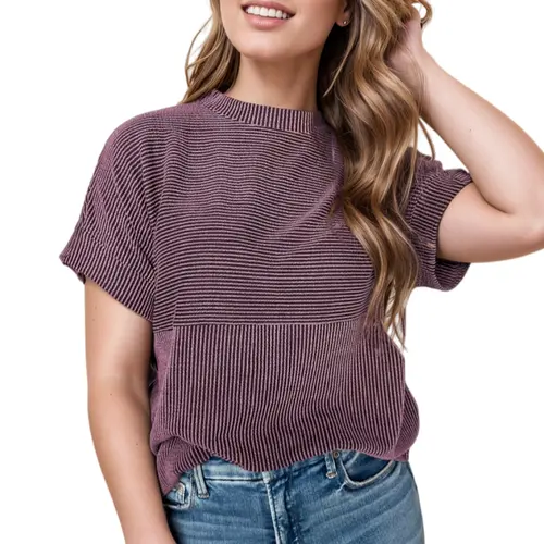 Asvivid Women's Ribbed Texture T-shirt Plain Corded Knit Round Neck T Shirt Summer Tops Shortsleeve Casual Top Womenswear