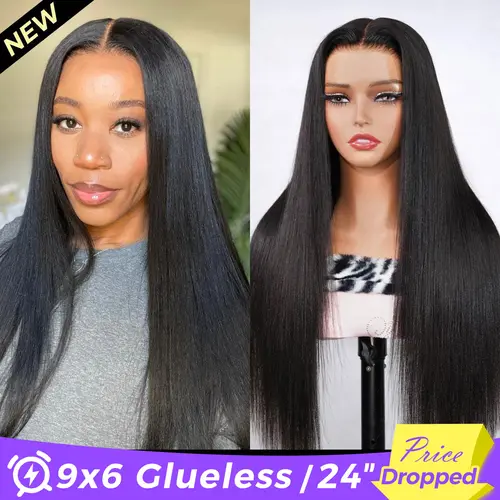 [24'' Limited Deal] OQ FreedoorM Wig Yaki Straight 9x6 Skin Lace Wear Go Wig With Drawstring Pre Cut Lace No Knots Glueless Wig 13x6 Natural Scalp Design