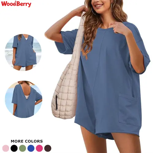 Woodberry Women's Cotton Maternity Oversized Romper - Minimalist Solid Plain Round Neck Sporty Chic Jumpsuit with 5% Spandex Stretch, Maternity Activewear for Gym, Summer Workout, M, Shirt