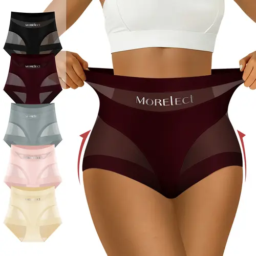 5/7/10 Pcs High Waist Panties for Women, Morelect Logo Sheer Mesh Breathable Design, Lightweight Fashion Comfort Briefs, Spring Summer Essential Undies,mothersdaygift., Underpants, Breathable Mesh