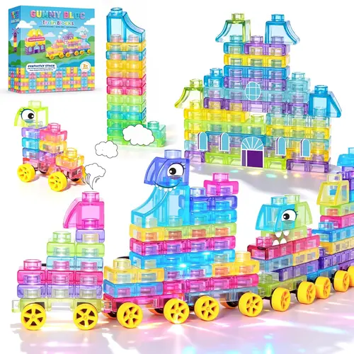 JoySpot Train Jelly Building Blocks with Wheels, 42 PCS Montessori Sensory Stacky Building Blocks, Toddler Learning Toy with Station, Squeezable, Stretchable & Stackable Tactile Toys, Preschool Creative Play for Kids