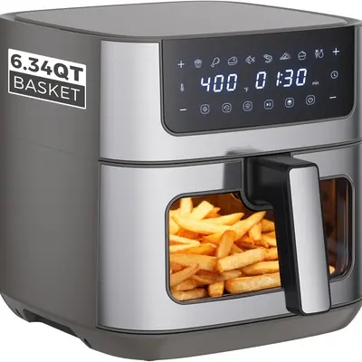 6.34QT Air Fryer with Viewing Window, 8 Presets Digital Air Fryer, 400℉ Max Temp, 90-Min Timer, Nonstick Dishwasher-Safe Basket, Stainless Steel – Black/White/Grey