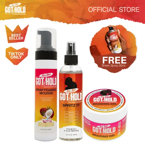 ALL DAY GOT HOLD Unisex 4-Piece Braiding & Care Multi-Pack - Strong Hold Lightweight Gel/Mousse, Frizz Control Aerosol Can Spray, Flawless Setting, Flyaway Hair Tamer for Fine/Curly Protective Styles, Glossy Shine, Textured Haircare Products