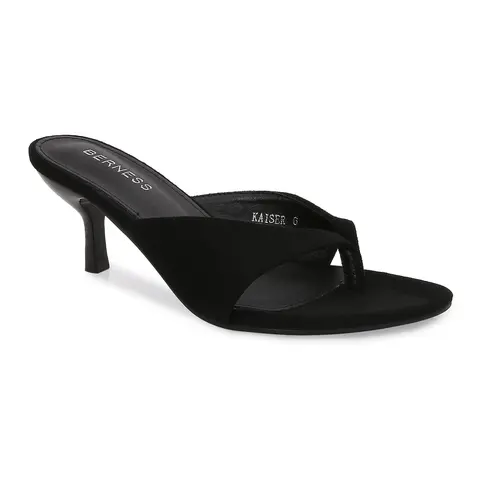 BERNESS Kaiser Faux Suede Thong Mules - Women's Minimalist 1.5" Kitten Heel Slip-On Sandals, Cushioned Memory Foam Sole, Almond Toe, Backless Thong Strap, Casual Summer/Party Shoes, Sandals for Women, Backless Shoes