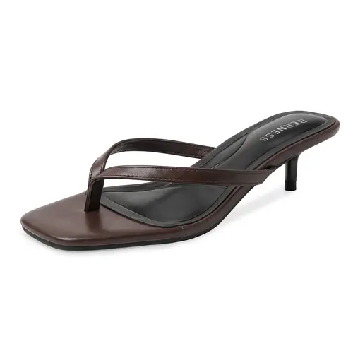 BERNESS Florella Women's Kitten Heels Thong Sandals - Brown PU Leather Backless Slip-On Mules, Crisscross Straps, Square Toe, Plain Memory Foam Comfort Shoes for Summer Dresses