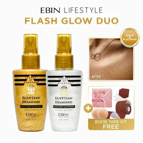 EBIN LIFESTYLE Hair & Body Glitter Mist Spray, Lightweight Shimmer Body Makeup for a Radiant Glow (Gold/Platinum), Party Prep Duo with Free Boob Tape, Cosmetic, Long-Lasting Shine Body Makeup