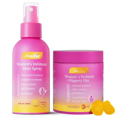 LeeFar Fresh & Juicy Duo | Her Fresh Intimate Skin Spray + Her Juicy Women’s Probiotics Bundle, LEEFAR Her Juicy Feminine Probiotics Gummies and LeeFar Her Fresh Intimate Skin Spray