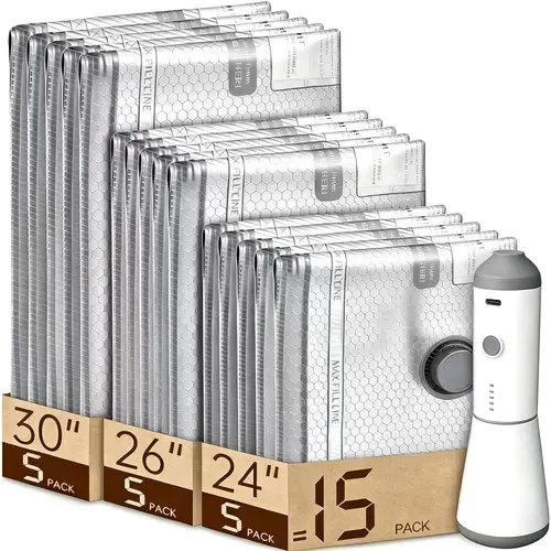 【Summer Vibes】Vacease Cordless Travel Vacuum Bag Set with Rechargeable Air Pump - 15-Pack Space Saving Storage Bags, Airtight Resealing Sealed Organizers for Luggage, Sturdy Lightweight Clothes Storage Solution, Vacuum Bags For Travel Increase size