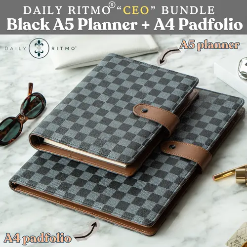 DAILY RITMO "CEO" Refillable 6-Ring All-Black Executive Stationery Set - A4 Padfolio, A5 Checkered Planner, A5+A4 Note-Taking Supplies, Notebook
