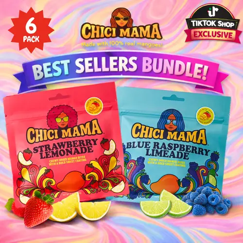 Chici Mama Dried Mango 6-Pack Best Sellers Bundle - Tangy Blue Raspberry Limeade, Strawberry Lemonade Flavors - Better-For-You Sweet Food Snack, All Ages School Travel Treat, Single Serve
