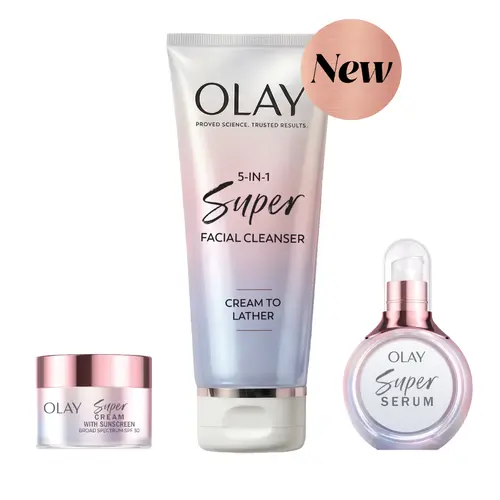 OLAY AM Morning Skincare Routine Trial Super Bundle - Face Care Products Cleanser, Brightening Cream, Smoothing Serum for Radiant, Soft, Firming Skin