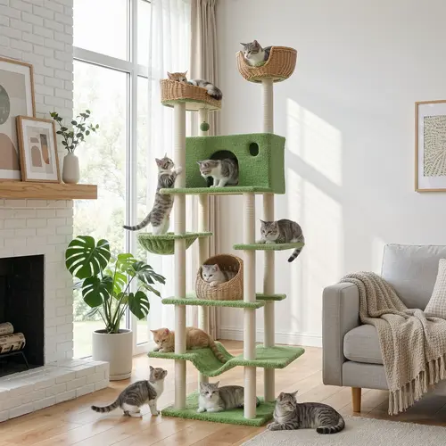SHA CERLIN Spring Green Multi-Level Cat Tree-Cat Tower with Sisal Scratching Posts, Teddy Plush Condo, Rattan Perches, Cat Activity Center for Indoor Cats