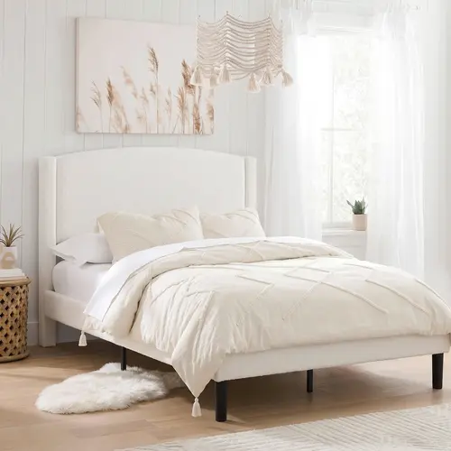 SHA CERLIN Modern Curved Upholstered Queen Bed Frame - Durable Indoor Furniture, Curved Headboard Design, Soft Grey Teddy Fleece Texture, Neutral On-Trend Hues, Reinforced Legs, Solid Wood Frame, No Box Spring Required
