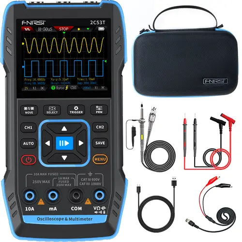 FNIRSI 2C53T Upgraded Handheld 50MHz Scope - 250MS/s Sampling Rate, 3-in-1 Digital Oscilloscope Multimeter 50kHz Signal Gen, 19999 Count Meter for 0-750V Voltage, Current, Capacitance, Resistance & Diode Testing, USB Cable, School Use