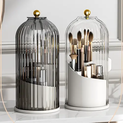 360-Degree Rotatable Makeup Organizer - Premium Transparent Dustproof Plastic Compartmental Home Storage Box with Key Lock, Eco-Friendly Silicone-Free Vanity Desktop Pen Holder, Beauty Storage Solutions for Bag Organization