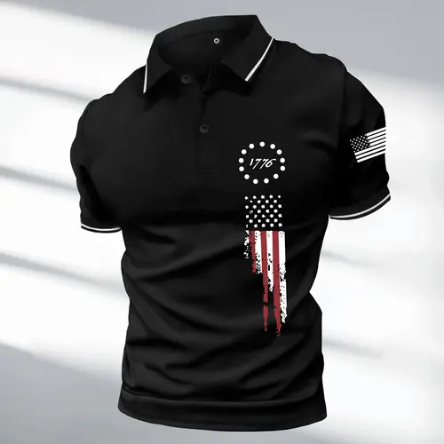Men's Patriotic Polo Shirt with 1776 Flag Print, Casual Short Sleeve Menswear with a Figure-Enhancing Fit,back to school,back to school shopping, Wedding, Fitted