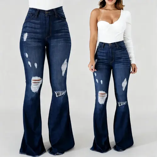 Women's Flared Pants High Waist Hole Slim Classic Flared Pants High Stretch Jeans Denim Comfort Basic Streetwear Minimalist Blue Womenswear Bottom Trouser Fitted Casual Vibe Style