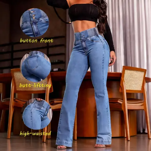Women's Kardashian-Style High-Waist Denim Skinny Flare Jeans - Butt-Lifting, Slim-Fit, Elastic Comfortable Minimalist Basic Streetwear Clothes for 2 Seasons, Stylish Wear Bottoms