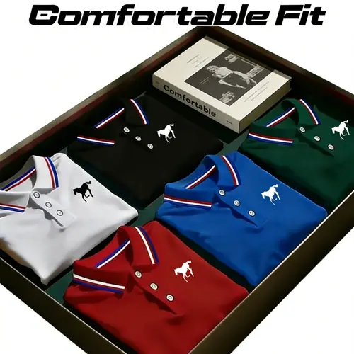 Men's Polo Shirt Set, Casual Fashion Homewear, Menswear, Solid Color Short Sleeve Horse Print, Contrast Collar, Breathable Daily/golf Shirts, Casual Golf Polos, Multiple Colors