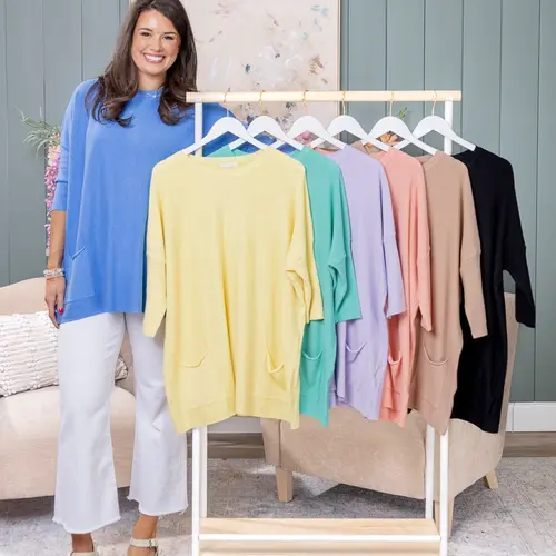 Tea N Rose 3/4 Sleeve Perfect Knit Oversized 2 Pocket Sweater | S/M-L/XL