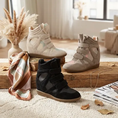 Women's Fashion Wedges, Cute High Top Shoes in Faux Suede with a Hidden Heel, Height-Increasing Walking Style with Velcro Straps & Gum Sole, Walking Shoes, Sneaker, Shoes For Women tiktokshopbacktoschool,back to school,back to school haul