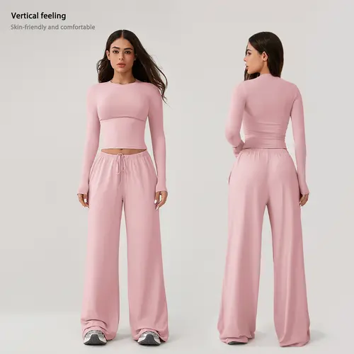 TIMEOFF Women's 2-Piece Stretchy Activewear Set - Long-Sleeve Crop Top & Wide-Leg Pants, Gym Outfit, Athletic Wear, Fitness Sport Outfits, Workout Sets for Women, Two Piece Set