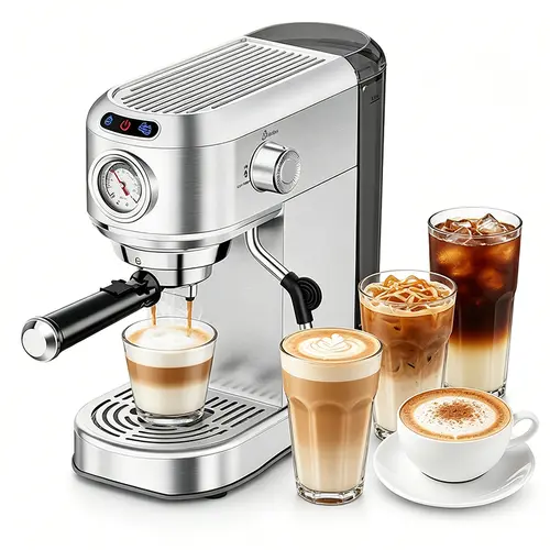 [Exclusive Livestream Offer] 20-Bar Semi-Automatic Modern Mini Countertop Coffee Machine, 1450W Frothed Milk Coffee Machine with Milk Frother Steam Wand, 34oz Removable Water Tank, Silver Mother's Day Gift, Mini Countertop Coffee Machines